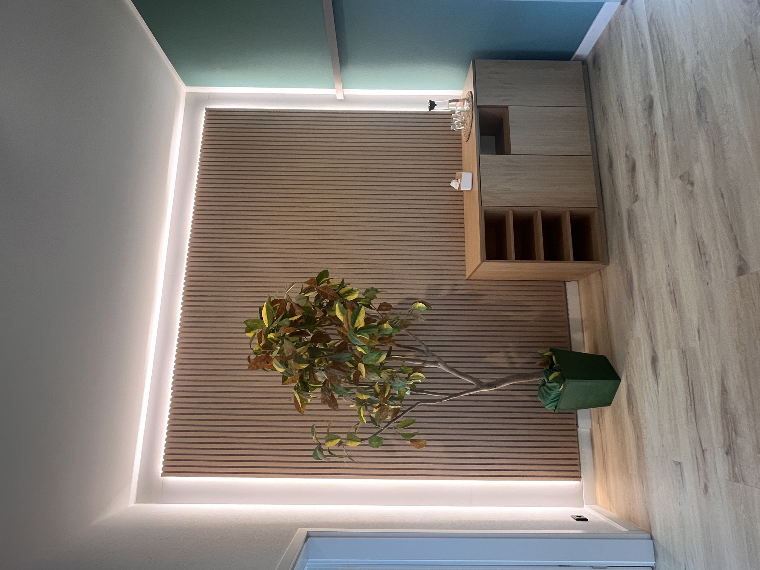Akustiklamellenwand mit indirekter Beleuchtung und Sideboard in Köln